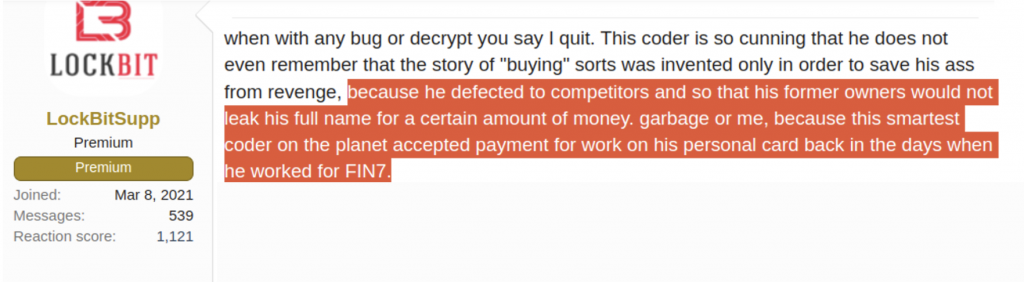 LockBit post linking its developer to Fin7 _Analyst1