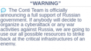 Conti political-themed message posted to their website