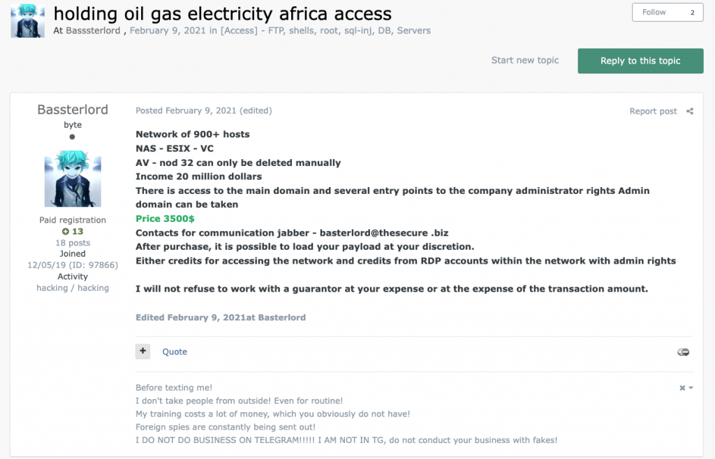 A Bassterlord post selling access to gas and electrical company in Africa