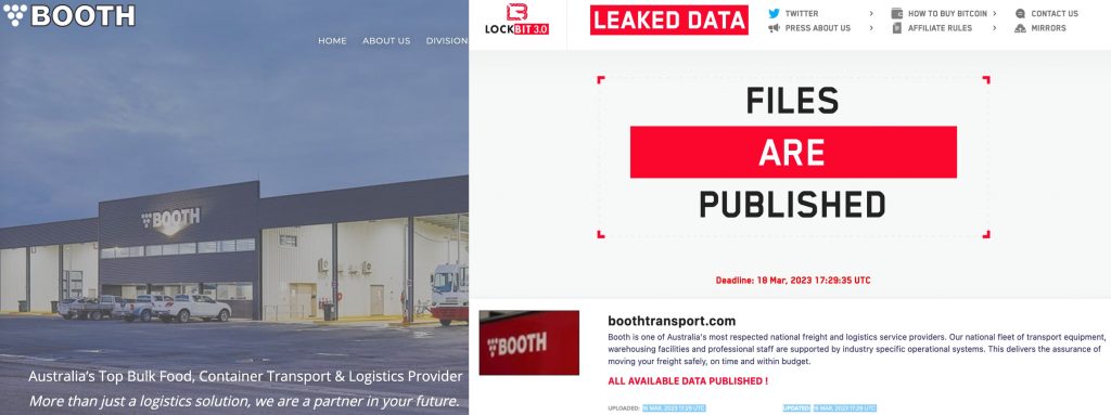 Booth Transport listed as LockBit's latest victim on their data auction site.