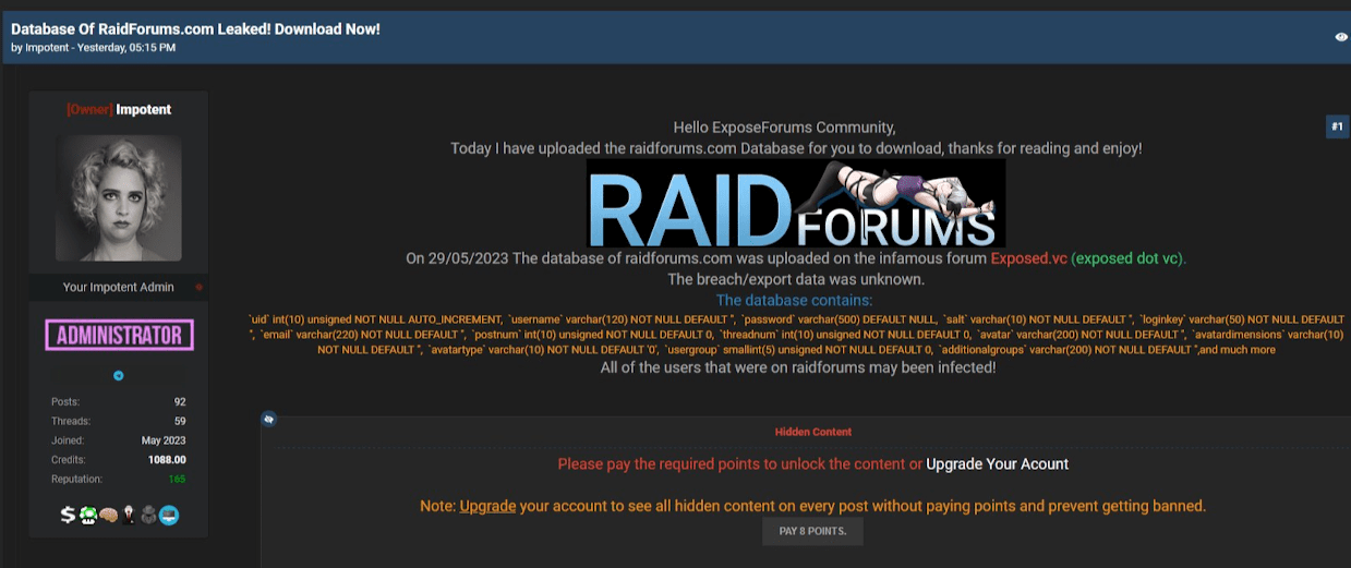 RaidForums Leak posted by Impotent on ExposedForum.