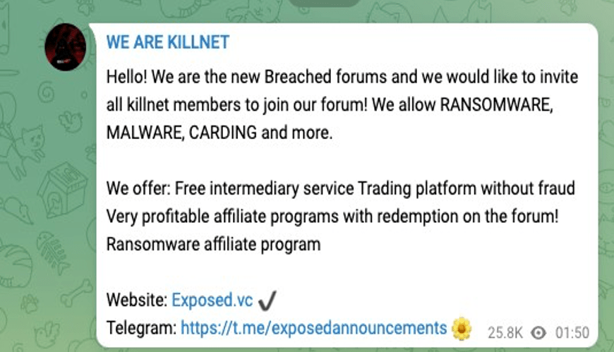 ExposedForum ad posted on a Killnet telegram channel.