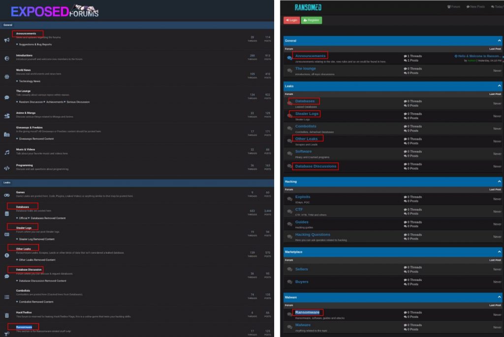 ExposedForum (left) compared to the initial forum style seen on the first several days of the RansomedVC forum (right).