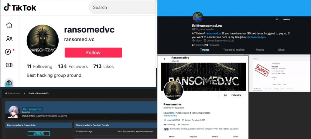Example of RansomedVC social media and forum accounts