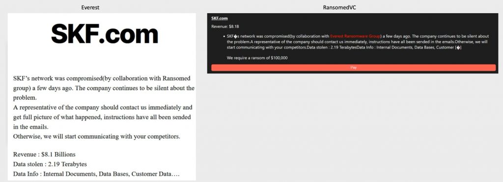 Collaboration messages from Everest and RansomedVC ransomware groups.