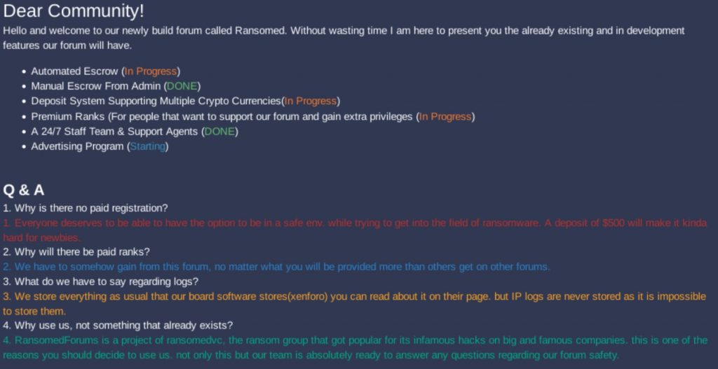 Ransomed forums welcome message from RansomedSupport.
