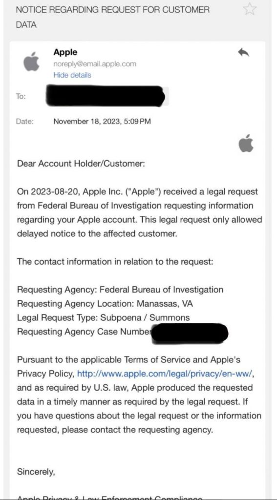 Apple email to an account associated with the person behind the RansomedSupport account.