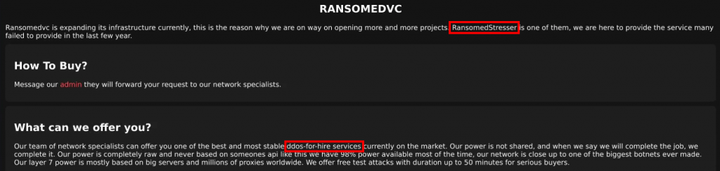 RansomedVC DDoS service offering.