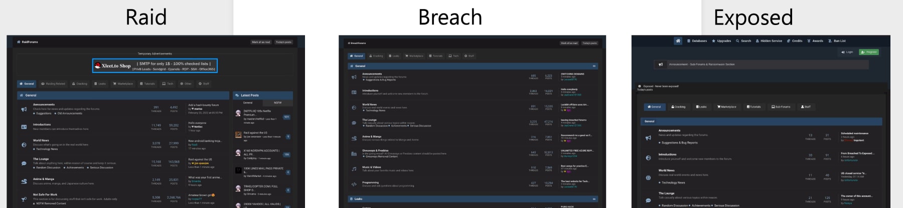 Raid, Breach, and Exposed Forums.