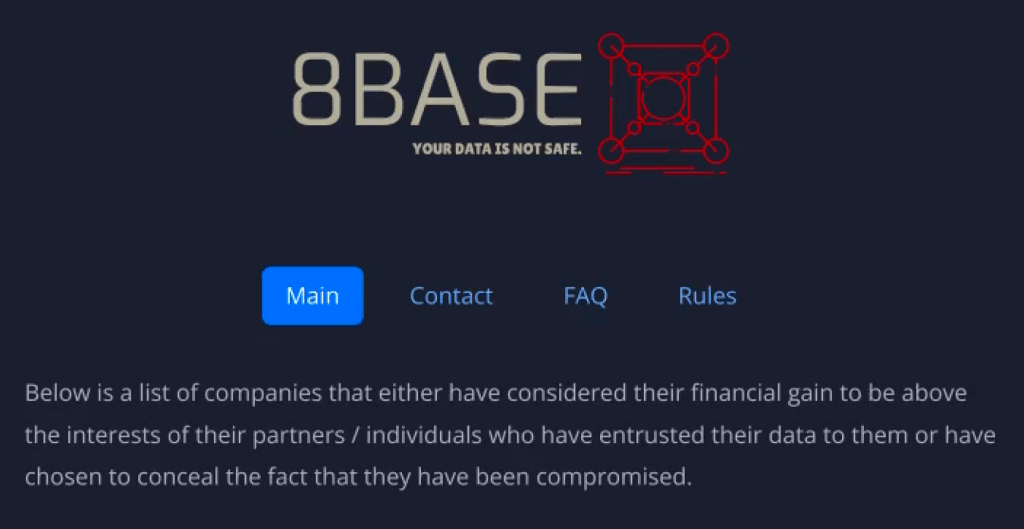 8BASE site displays the message pointing to the victim’s accountability for data privacy