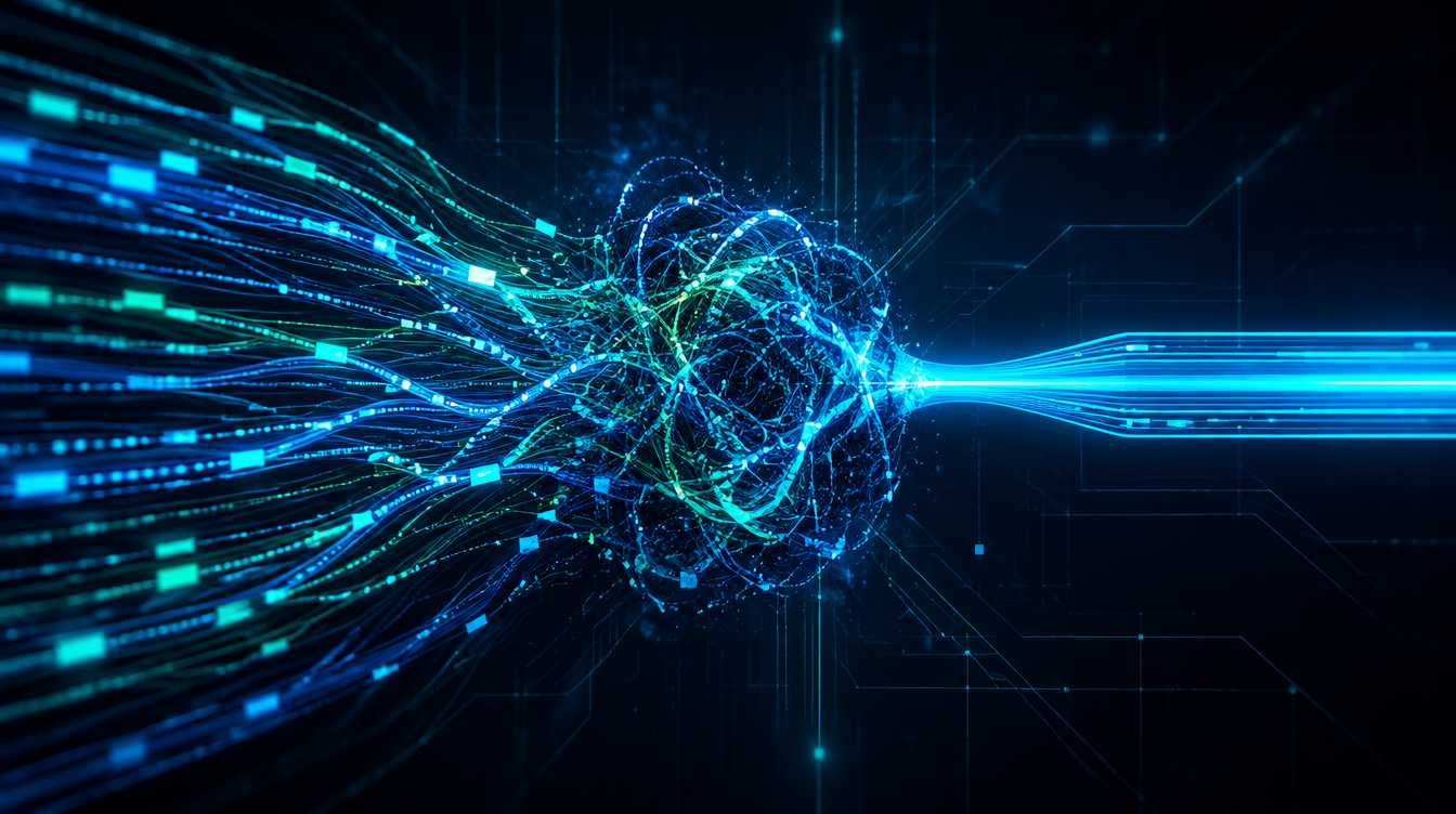 3D CG image of various data streams coming together and being converged into a single stream